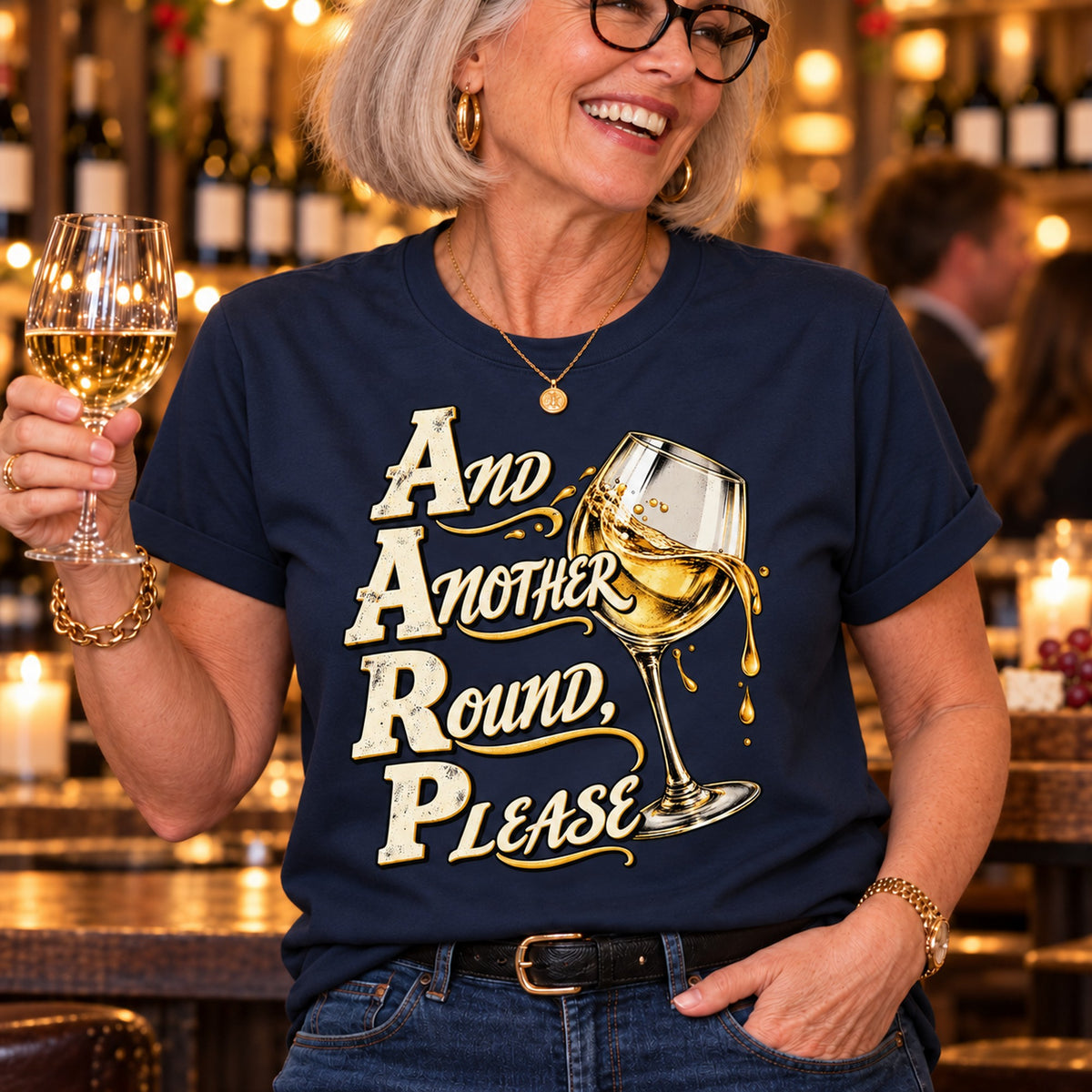 And Another Round, Please T-shirt in Navy, close-up of the print, worn by Nancy. Nancy is 5′6″ and wears her usual size L. [bb c=navy r=close]