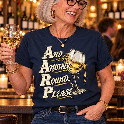 And Another Round, Please T-shirt in Navy, close-up of the print, worn by Nancy. Nancy is 5′6″ and wears her usual size L. [bb c=navy r=close]