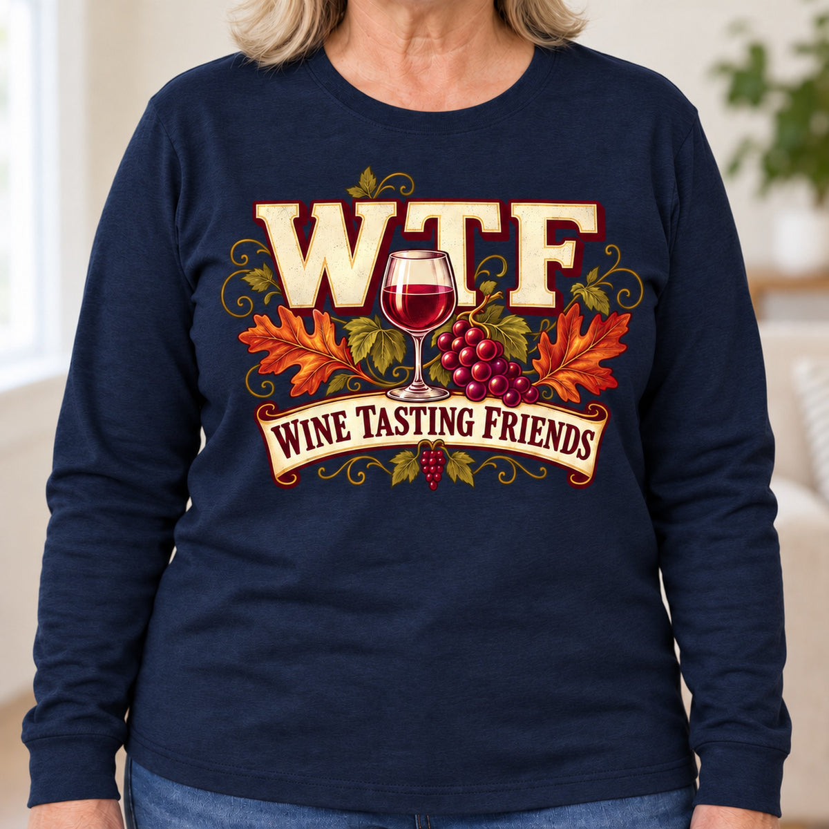 WTF Wine Tasting Friends long sleeve in Navy, close-up of the print, worn by Patty. Patty is 5′5″ and wears her usual size XL. [bb c=navy r=close]