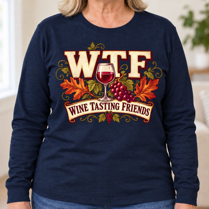 WTF Wine Tasting Friends long sleeve in Navy, close-up of the print, worn by Patty. Patty is 5′5″ and wears her usual size XL. [bb c=navy r=close]