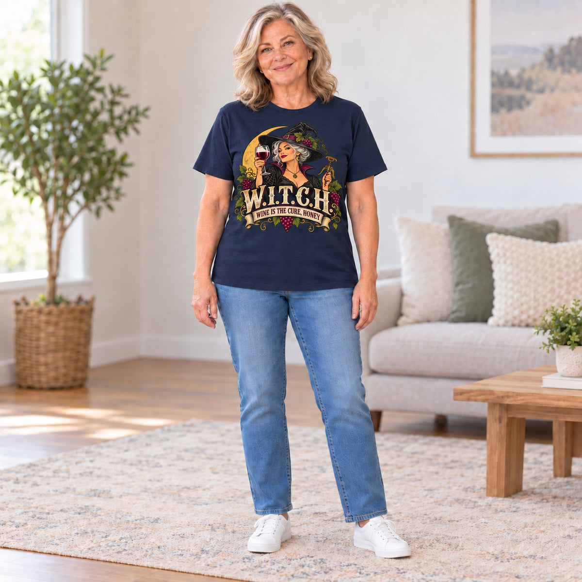 W.I.T.C.H. T-shirt in Navy, full length, worn by Diane. Diane is 5′5″ and wears her usual size L. [bb c=navy r=fit]