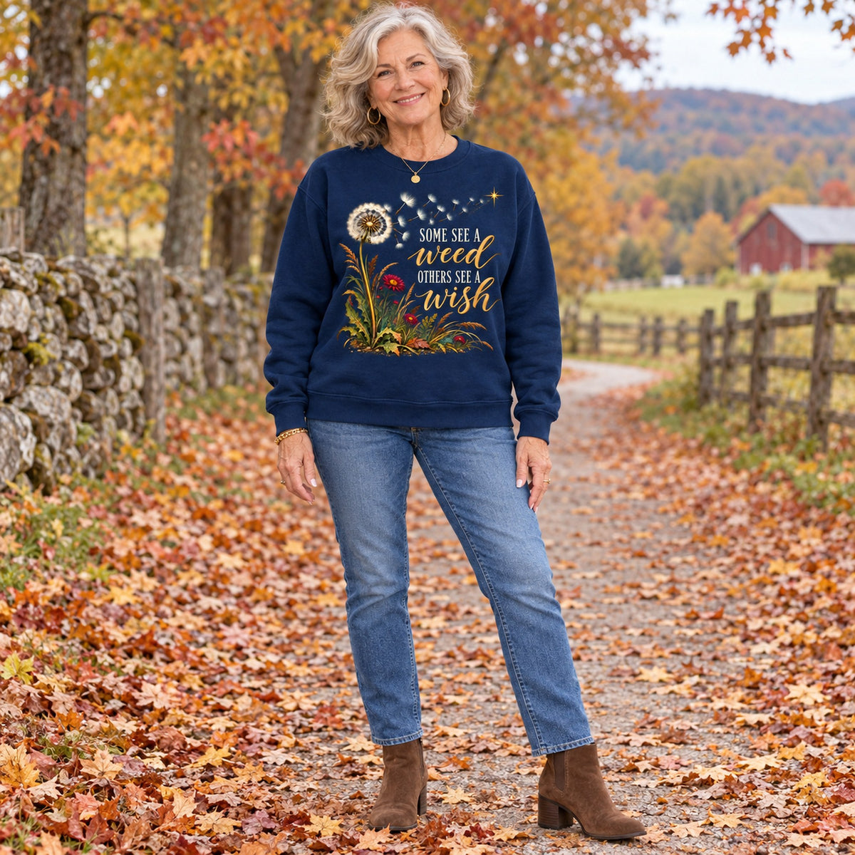 Some See A Weed sweatshirt in Navy, full length, worn by Joan. Joan is 5′4″ and wears her usual size L. [bb c=navy r=fit]
