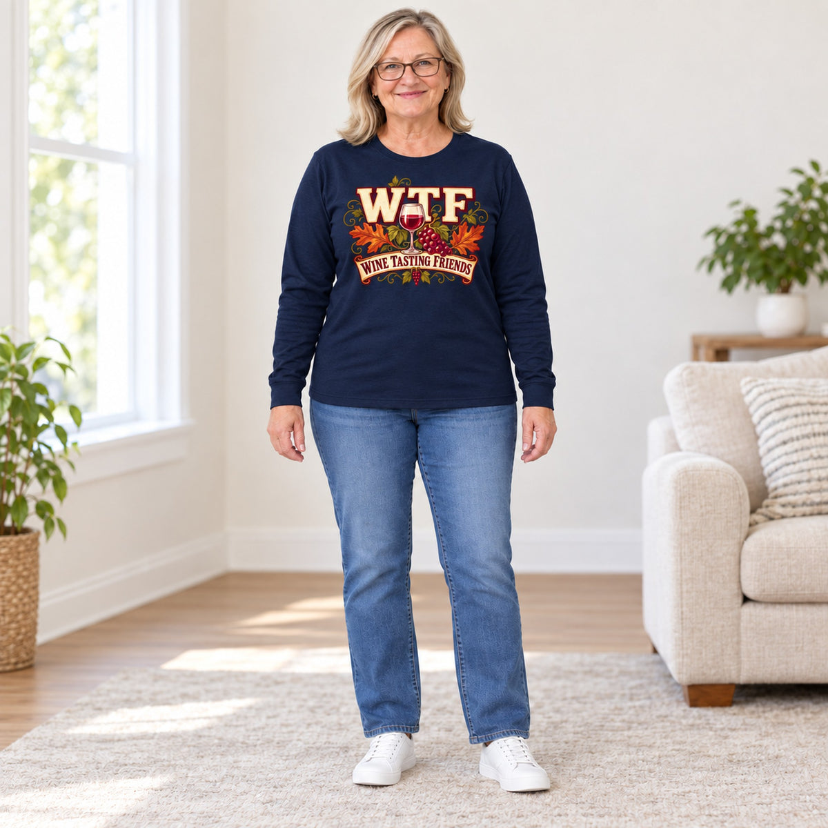 WTF Wine Tasting Friends long sleeve in Navy, full length, worn by Patty. Patty is 5′5″ and wears her usual size XL. [bb c=navy r=fit]