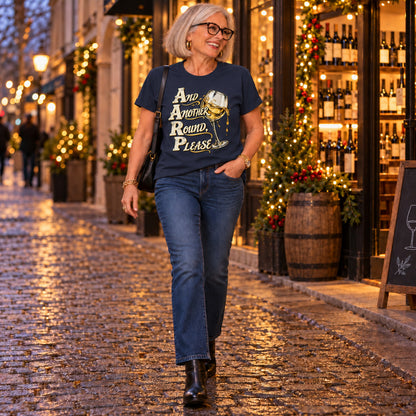 And Another Round, Please T-shirt in Navy, full length, worn by Nancy. Nancy is 5′6″ and wears her usual size L. [bb c=navy r=fit]