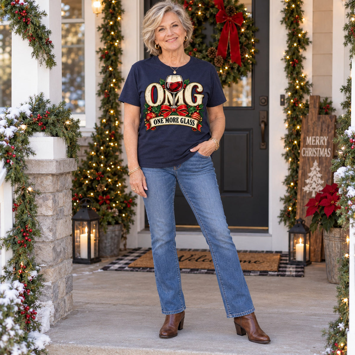 OMG One More Glass T-shirt in Navy, full length, worn by Karen. Karen is 5′5″ and wears her usual size L. [bb c=navy r=fit]