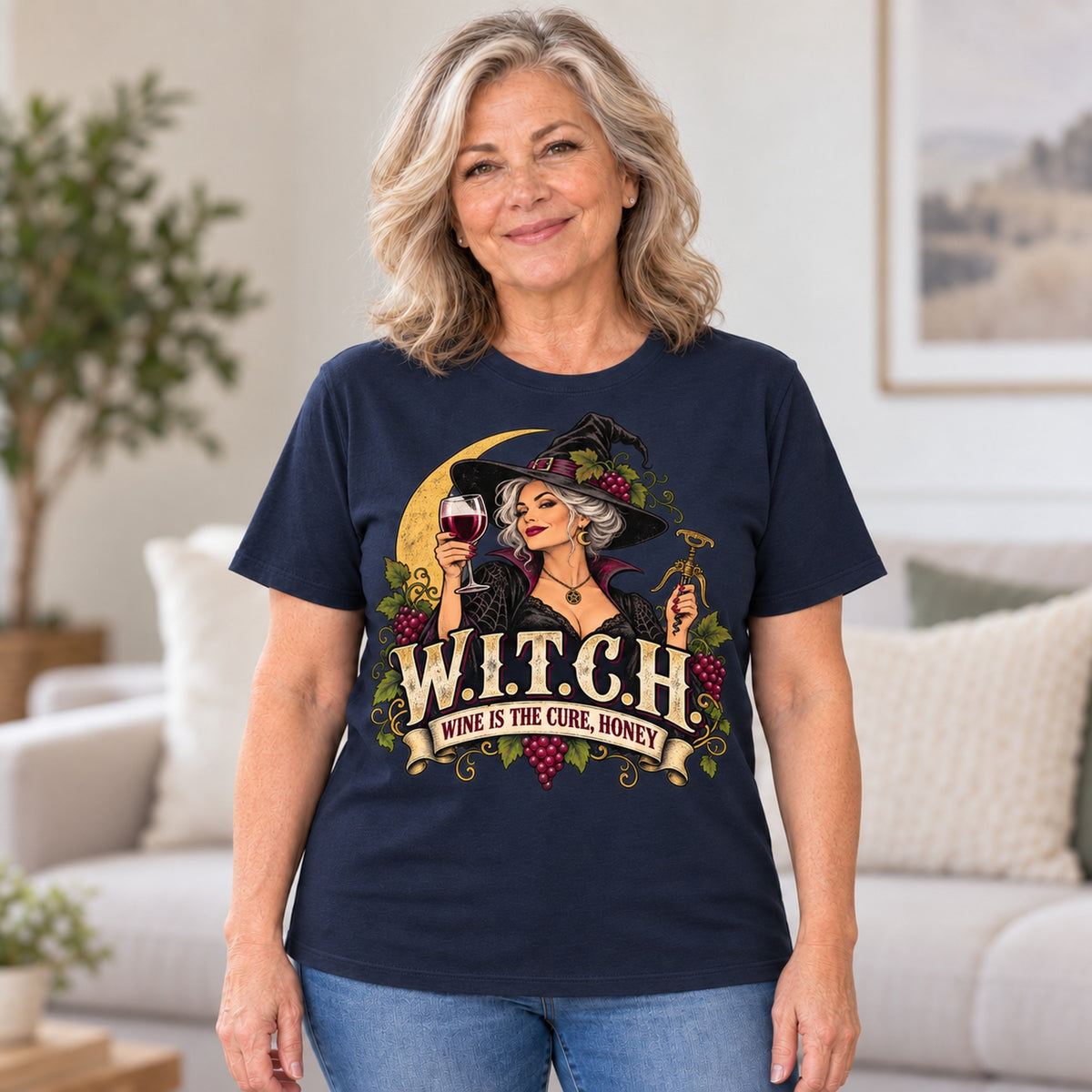 W.I.T.C.H. T-shirt in Navy, worn by Diane. Diane is 5′5″ and wears her usual size L. [bb c=navy r=hero]