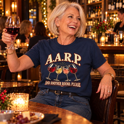 A.A.R.P. And Another Round, Please T-shirt in Navy, worn by Linda. Linda is 5′5″ and wears her usual size L. [bb c=navy r=hero]