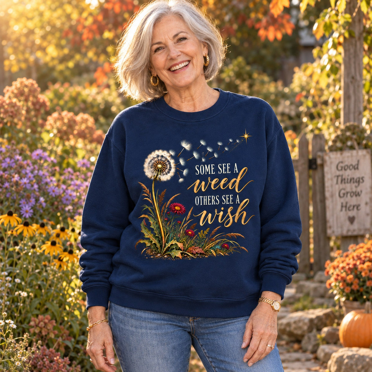 Some See A Weed sweatshirt in Navy, worn by Joan. Joan is 5′4″ and wears her usual size L. [bb c=navy r=hero]