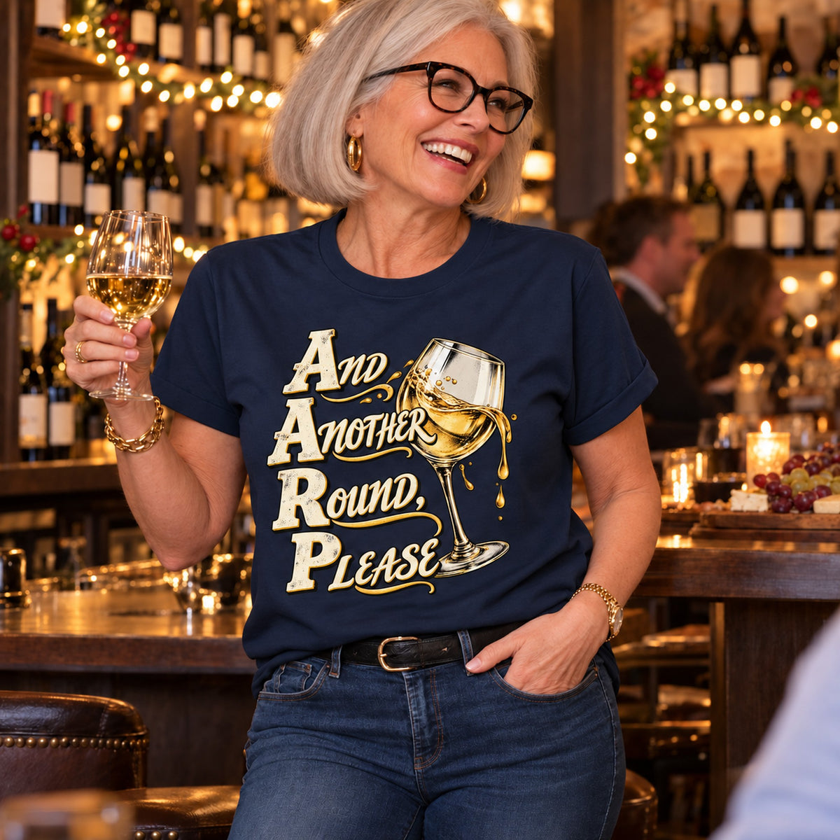 And Another Round, Please T-shirt in Navy, worn by Nancy. Nancy is 5′6″ and wears her usual size L. [bb c=navy r=hero]