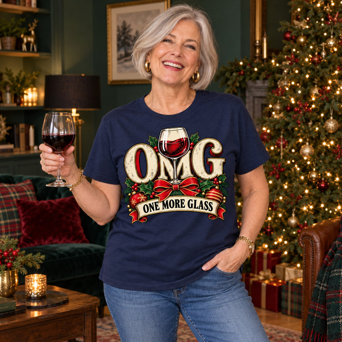 OMG One More Glass T-shirt in Navy, worn by Karen. Karen is 5′5″ and wears her usual size L. [bb c=navy r=hero]