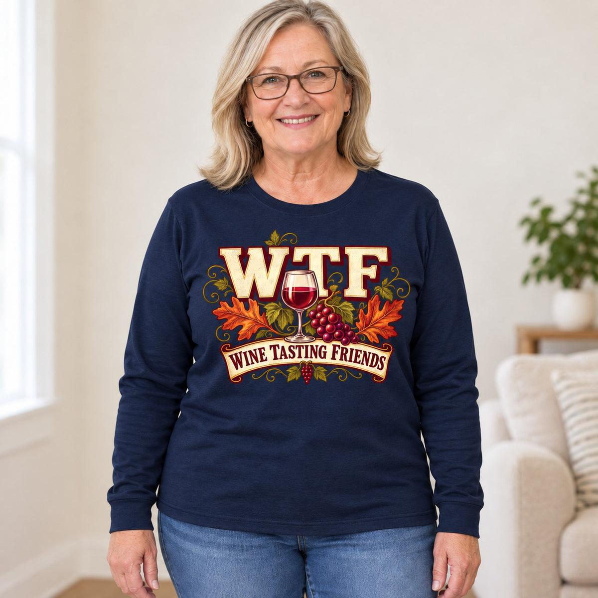 WTF Wine Tasting Friends long sleeve in Navy, worn by Patty. Patty is 5′5″ and wears her usual size XL. [bb c=navy r=hero]