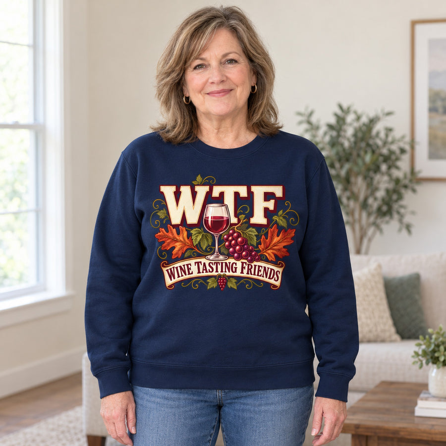 WTF Wine Tasting Friends Fall Colored Print Sweatshirt