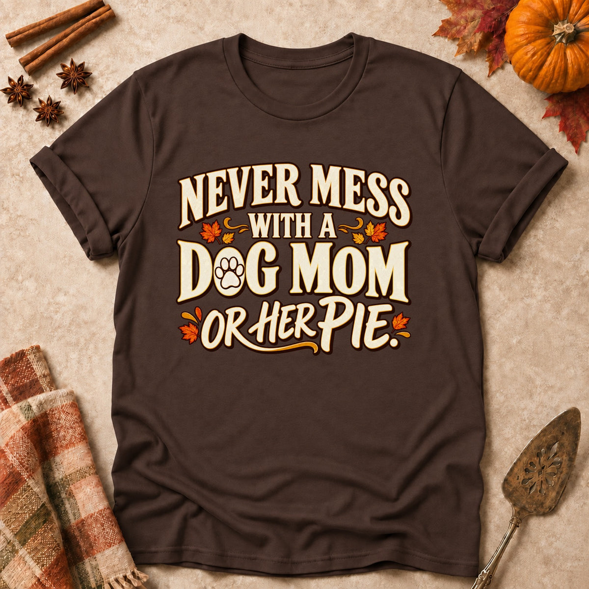 Never Mess With A Dog Mom T-shirt in Dark Chocolate, laid flat. [bb c=dark-chocolate r=flat]