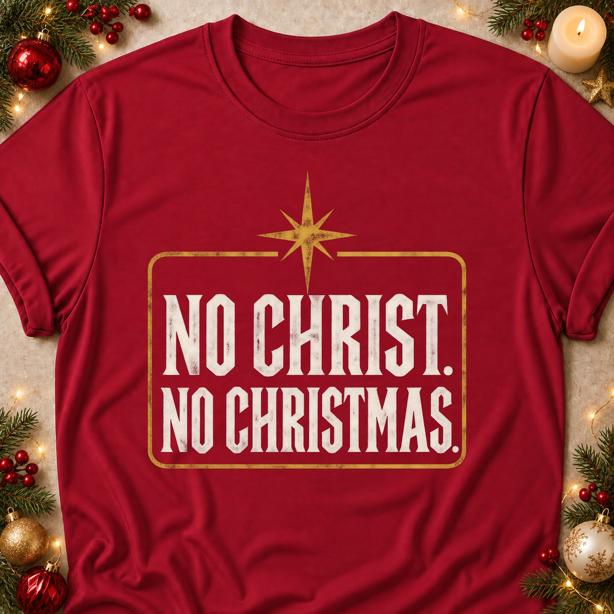No Christ. No Christmas. faith T-shirt in Cardinal Red, laid flat. [bb c=cardinal-red r=flat]