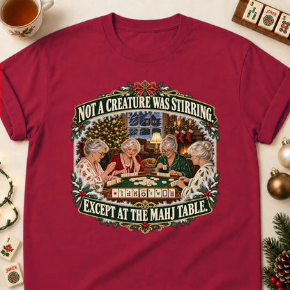 Not A Creature Was Stirring mahjong T-shirt in Cardinal Red, laid flat. [bb c=cardinal-red r=flat]