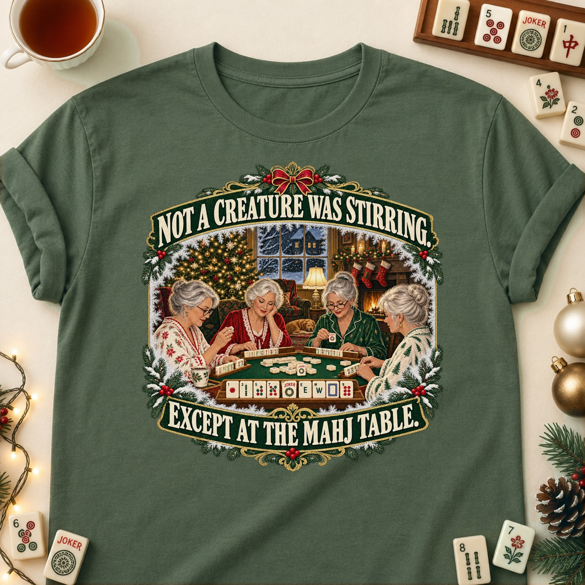 Not A Creature Was Stirring mahjong T-shirt in Military Green, laid flat. [bb c=military-green r=flat]