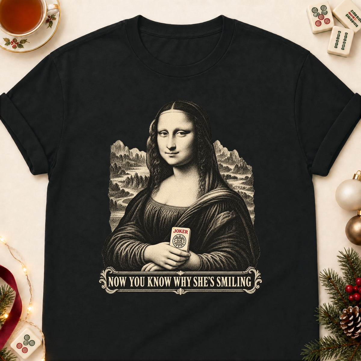 Mona Lisa mahjong T-shirt in Black, laid flat. [bb c=black r=flat]