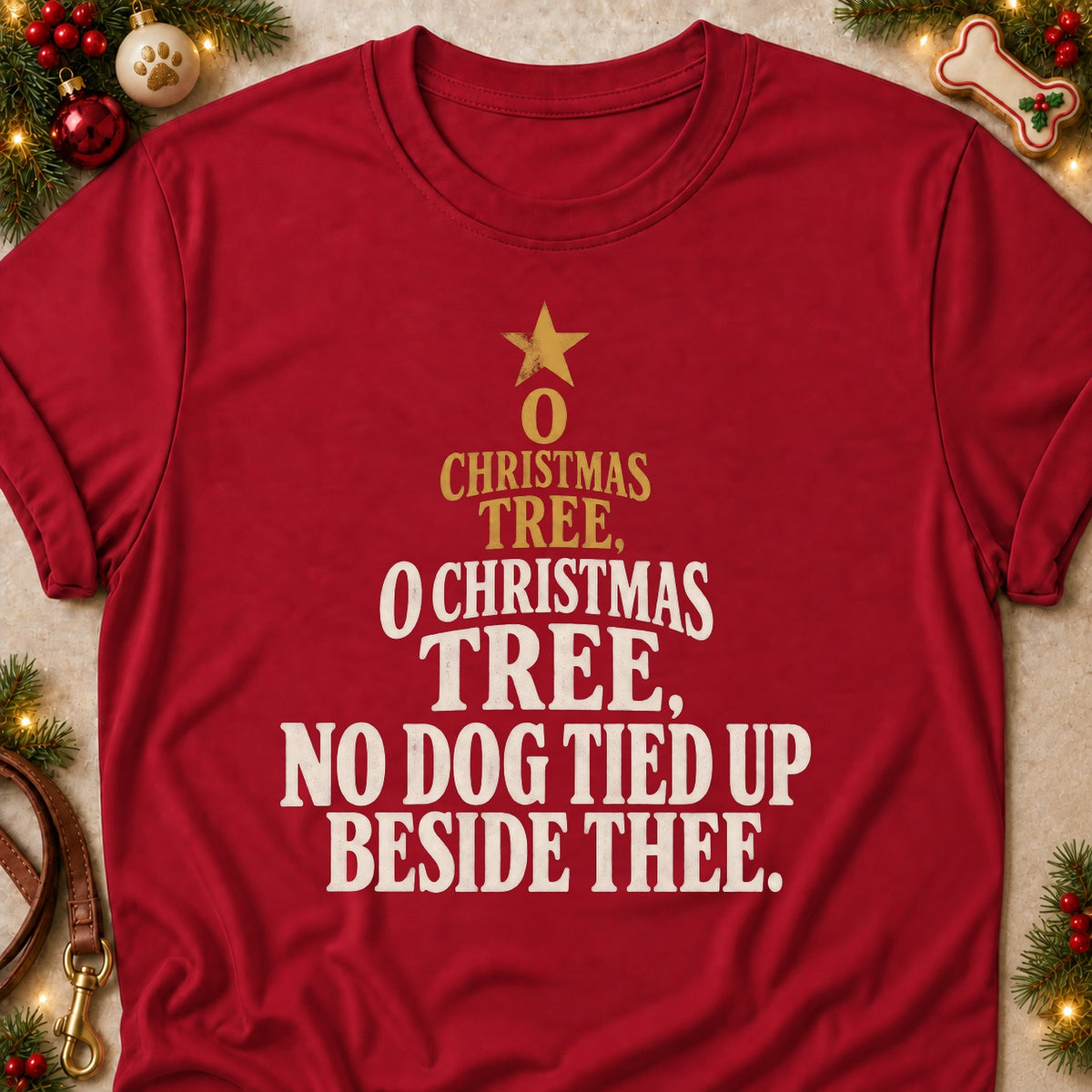 O Christmas Tree dog mom T-shirt in Cardinal Red, laid flat. [bb c=cardinal-red r=flat]