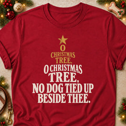 O Christmas Tree dog mom T-shirt in Cardinal Red, laid flat. [bb c=cardinal-red r=flat]