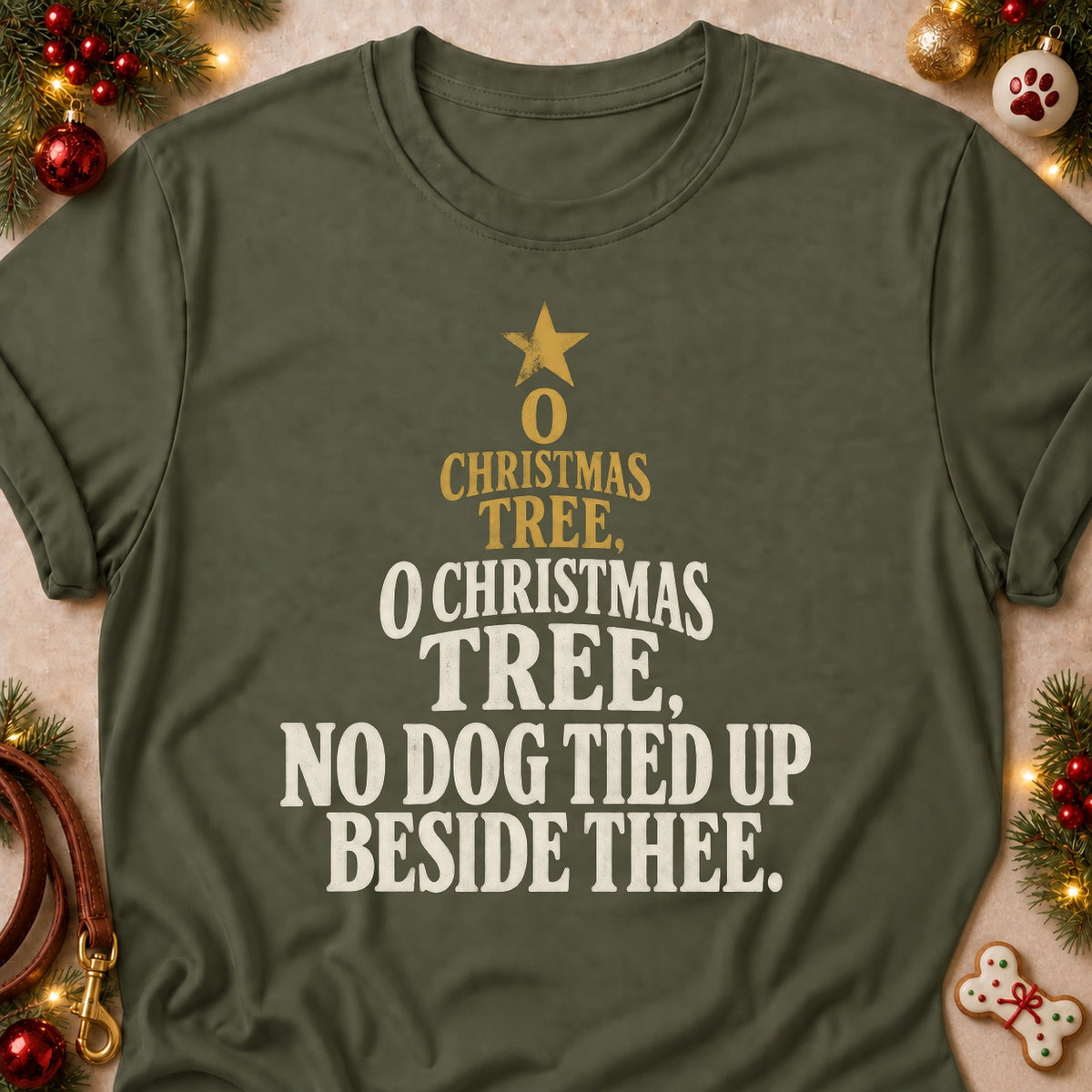 O Christmas Tree dog mom T-shirt in Military Green, laid flat. [bb c=military-green r=flat]