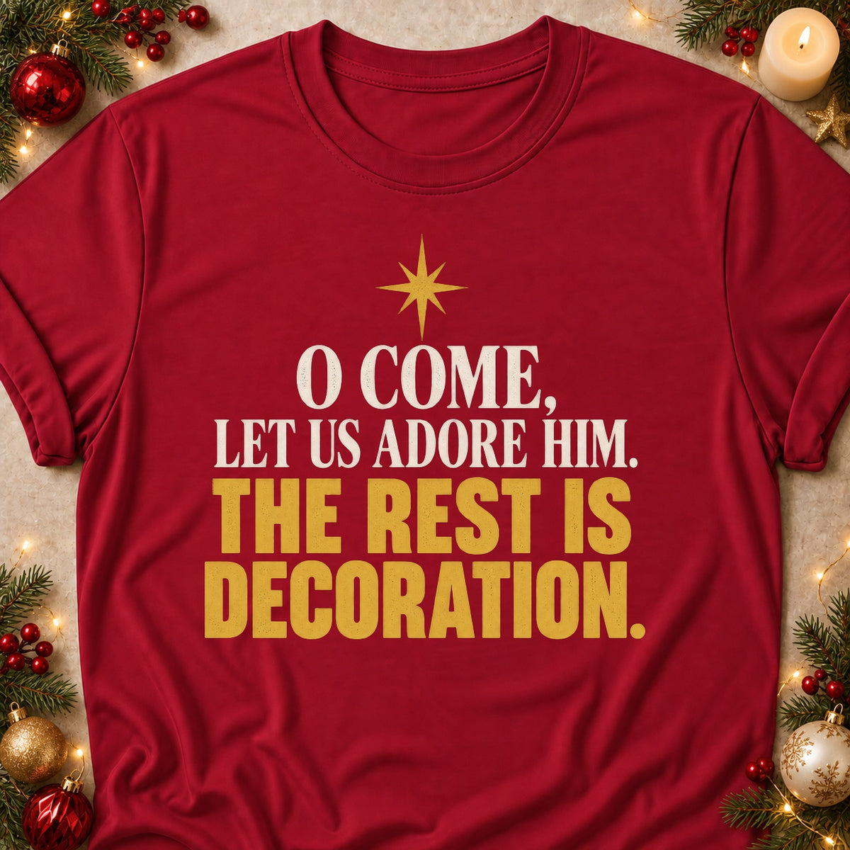 The Rest Is Decoration faith T-shirt in Cardinal Red, laid flat. [bb c=cardinal-red r=flat]