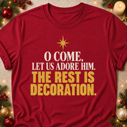The Rest Is Decoration faith T-shirt in Cardinal Red, laid flat. [bb c=cardinal-red r=flat]