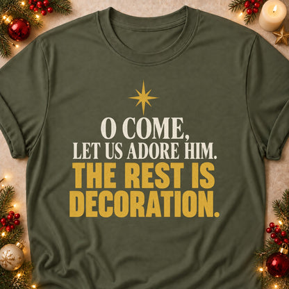 The Rest Is Decoration faith T-shirt in Military Green, laid flat. [bb c=military-green r=flat]