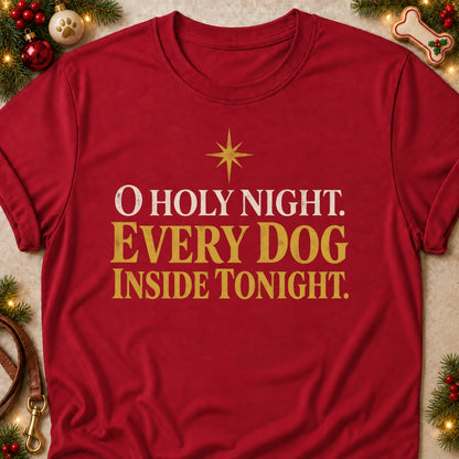O Holy Night dog mom T-shirt in Cardinal Red, laid flat. [bb c=cardinal-red r=flat]