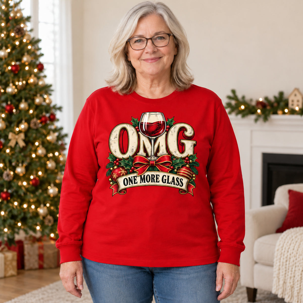 OMG One More Glass Colored Print Long Sleeves in Red — modeled lifestyle