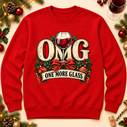 OMG One More Glass sweatshirt in Red, laid flat. [bb c=red r=flat]
