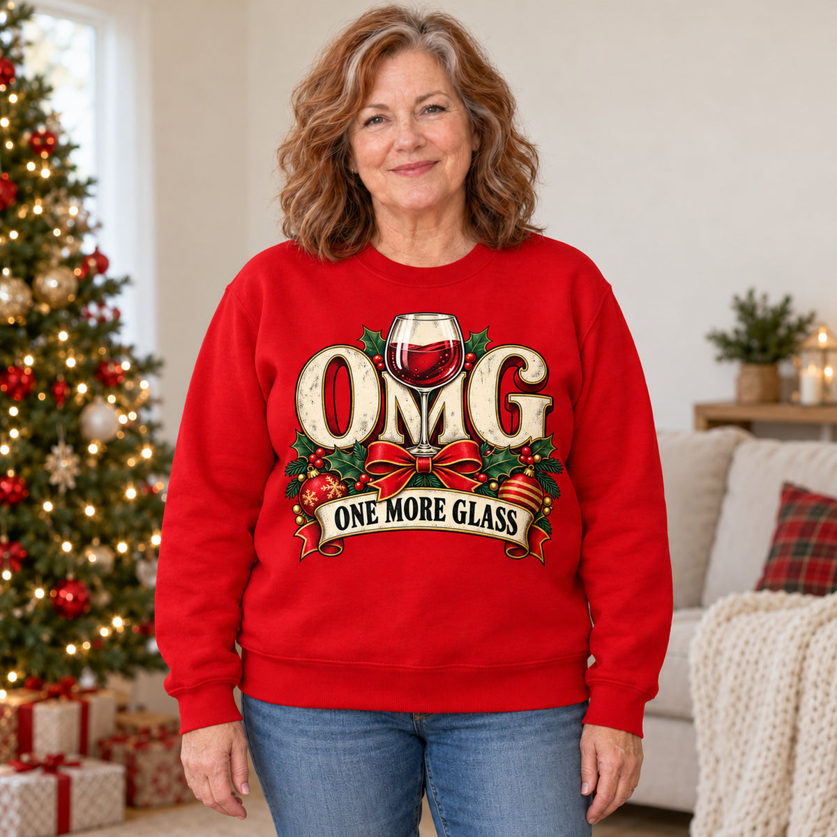 OMG One More Glass Colored Print Sweatshirt in Red — modeled lifestyle