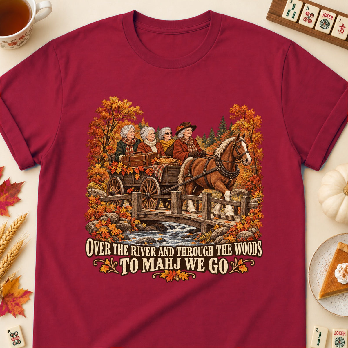 Over The River To Mahj mahjong T-shirt in Cardinal Red, laid flat. [bb c=cardinal-red r=flat]