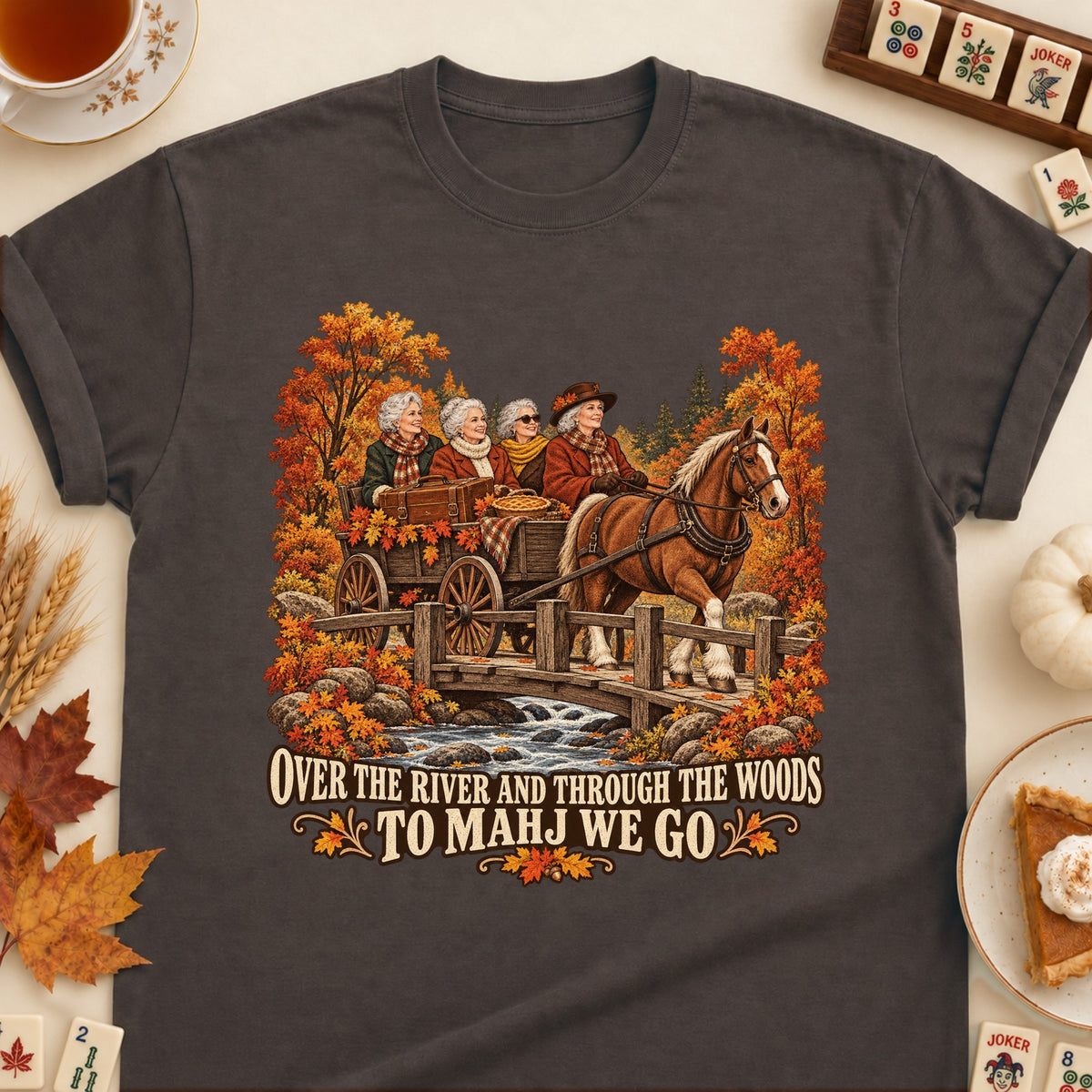 Over The River To Mahj mahjong T-shirt in Dark Chocolate, laid flat. [bb c=dark-chocolate r=flat]