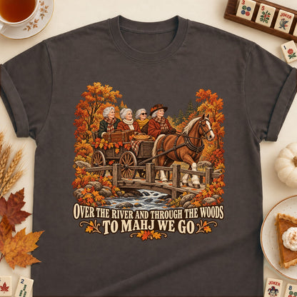 Over The River To Mahj mahjong T-shirt in Dark Chocolate, laid flat. [bb c=dark-chocolate r=flat]