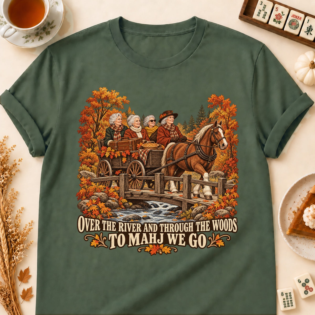 Over The River To Mahj mahjong T-shirt in Military Green, laid flat. [bb c=military-green r=flat]