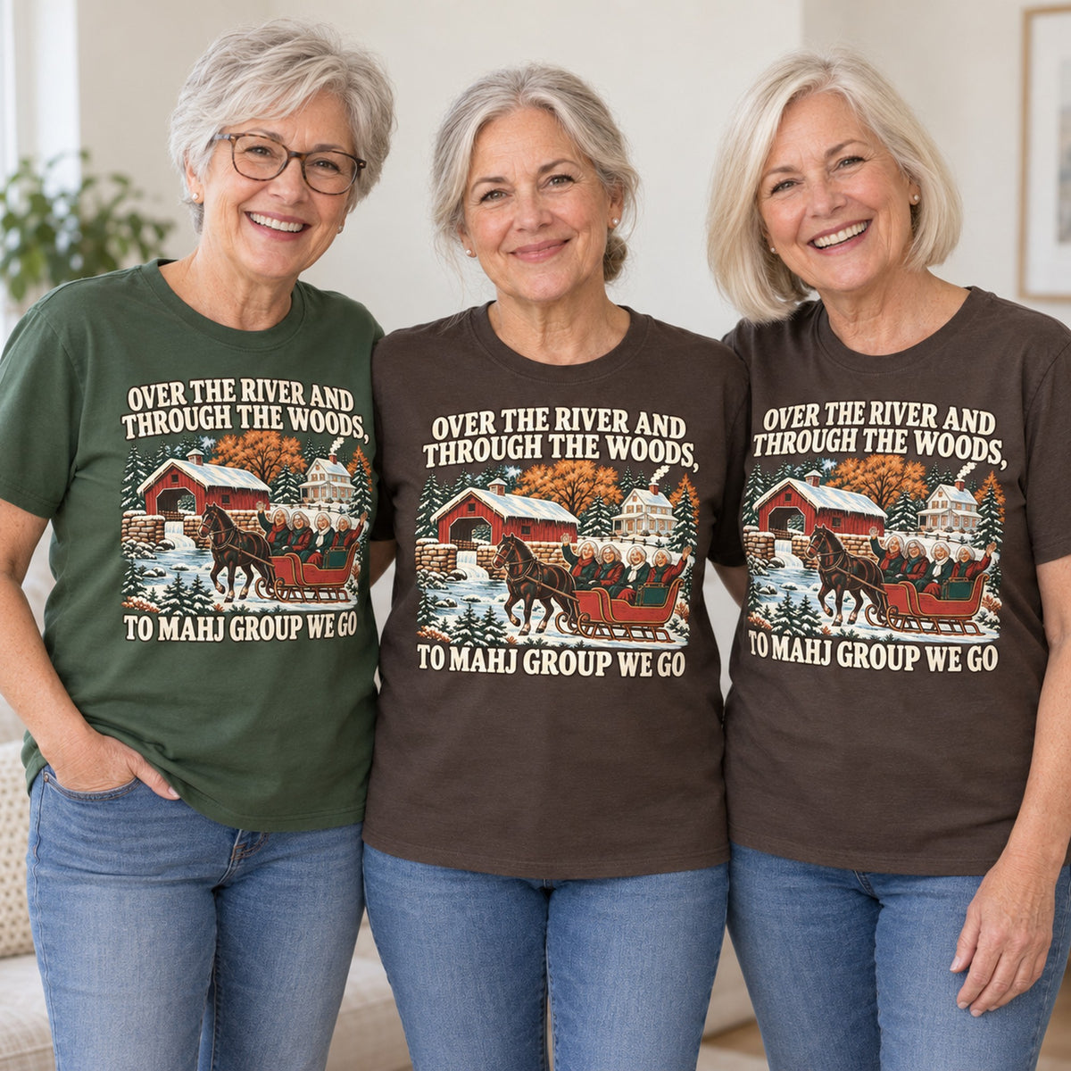 Over The River mahjong T-shirt worn by three friends. Friends are wearing M, L and XL. [bb c=all r=friends]