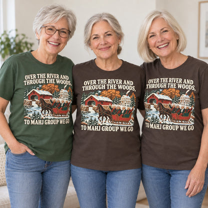 Over The River mahjong T-shirt worn by three friends. Friends are wearing M, L and XL. [bb c=all r=friends]