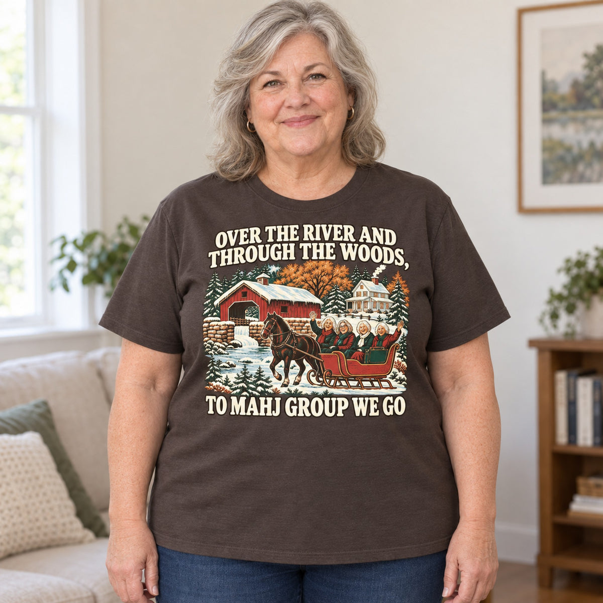 Over The River mahjong T-shirt in Dark Chocolate, worn by Debra. Debra is 5′4″ and wears her usual size 2XL. [bb c=dark-chocolate r=body2]