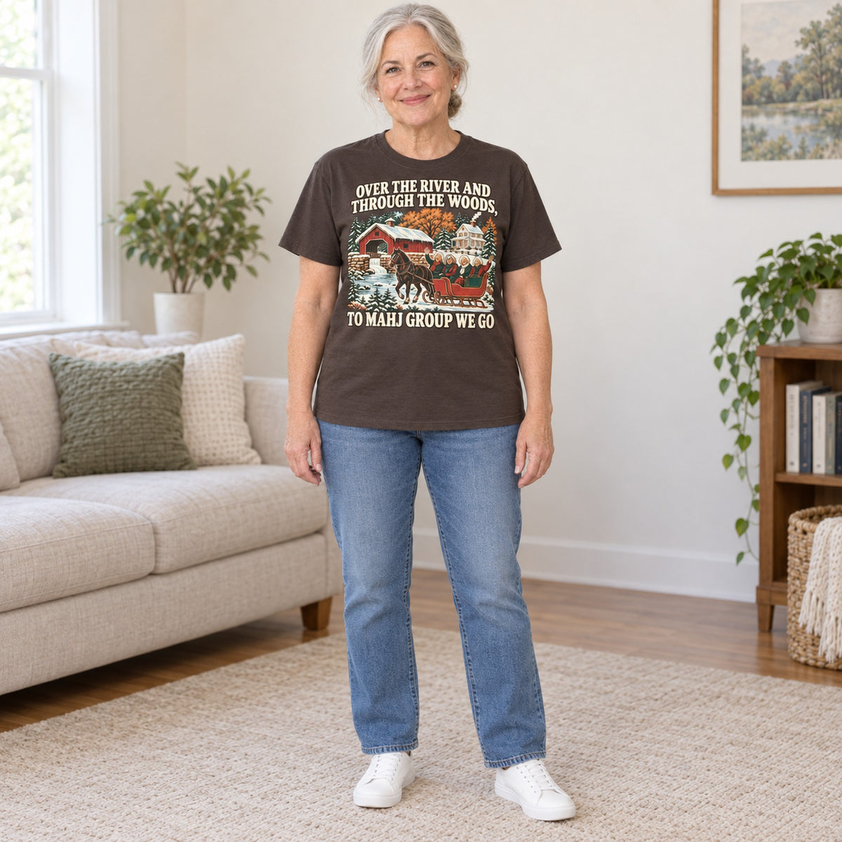 Over The River mahjong T-shirt in Dark Chocolate, full length, worn by Margaret. Margaret is 5′5″ and wears her usual size L. [bb c=dark-chocolate r=fit]