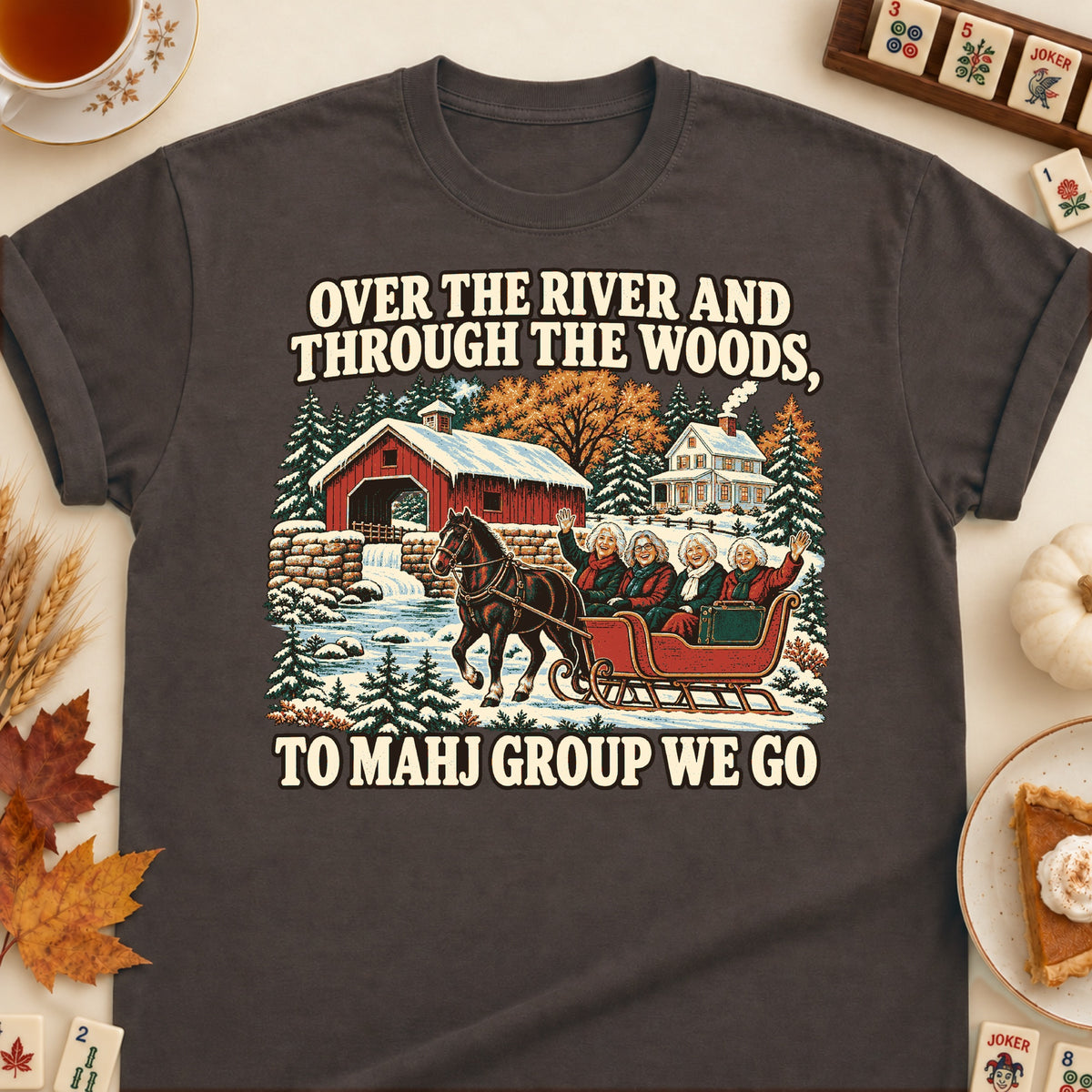 Over The River mahjong T-shirt in Dark Chocolate, laid flat. [bb c=dark-chocolate r=flat]