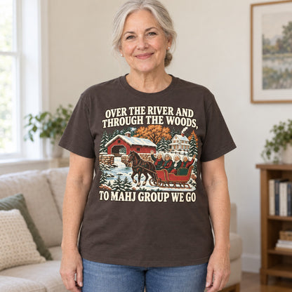 Over The River mahjong T-shirt in Dark Chocolate, worn by Margaret. Margaret is 5′5″ and wears her usual size L. [bb c=dark-chocolate r=hero]