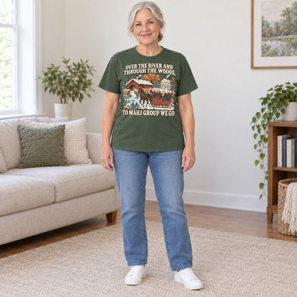 Over The River mahjong T-shirt in Military Green, full length, worn by Margaret. Margaret is 5′5″ and wears her usual size L. [bb c=military-green r=fit]