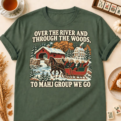 Over The River mahjong T-shirt in Military Green, laid flat. [bb c=military-green r=flat]