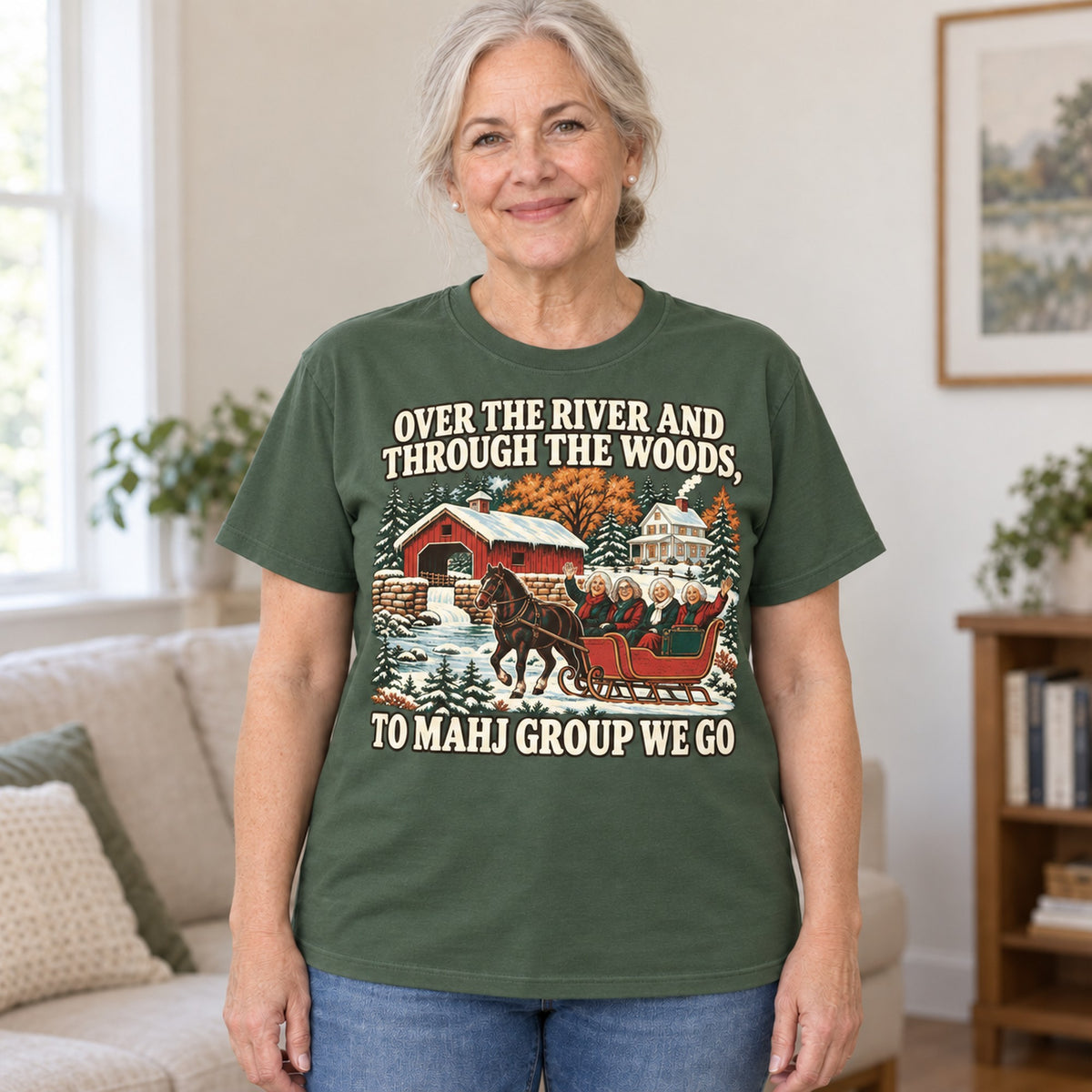Over The River mahjong T-shirt in Military Green, worn by Margaret. Margaret is 5′5″ and wears her usual size L. [bb c=military-green r=hero]