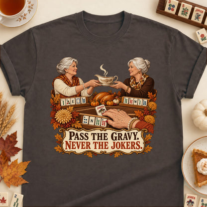 Pass The Gravy mahjong T-shirt in Dark Chocolate, laid flat. [bb c=dark-chocolate r=flat]