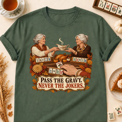 Pass The Gravy mahjong T-shirt in Military Green, laid flat. [bb c=military-green r=flat]