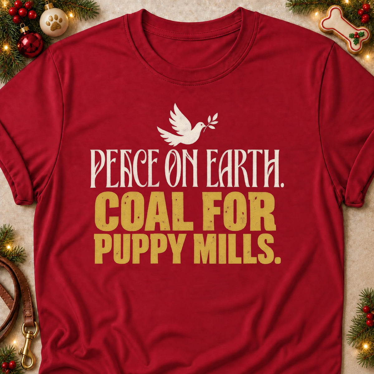 Coal For Puppy Mills dog mom T-shirt in Cardinal Red, laid flat. [bb c=cardinal-red r=flat]