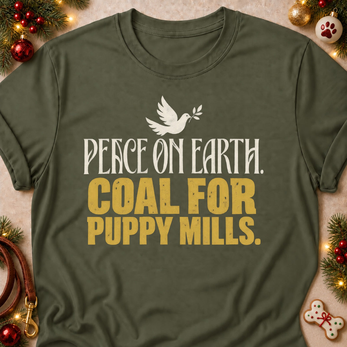 Coal For Puppy Mills dog mom T-shirt in Military Green, laid flat. [bb c=military-green r=flat]