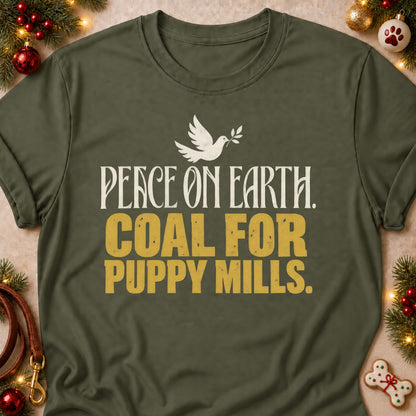 Coal For Puppy Mills dog mom T-shirt in Military Green, laid flat. [bb c=military-green r=flat]
