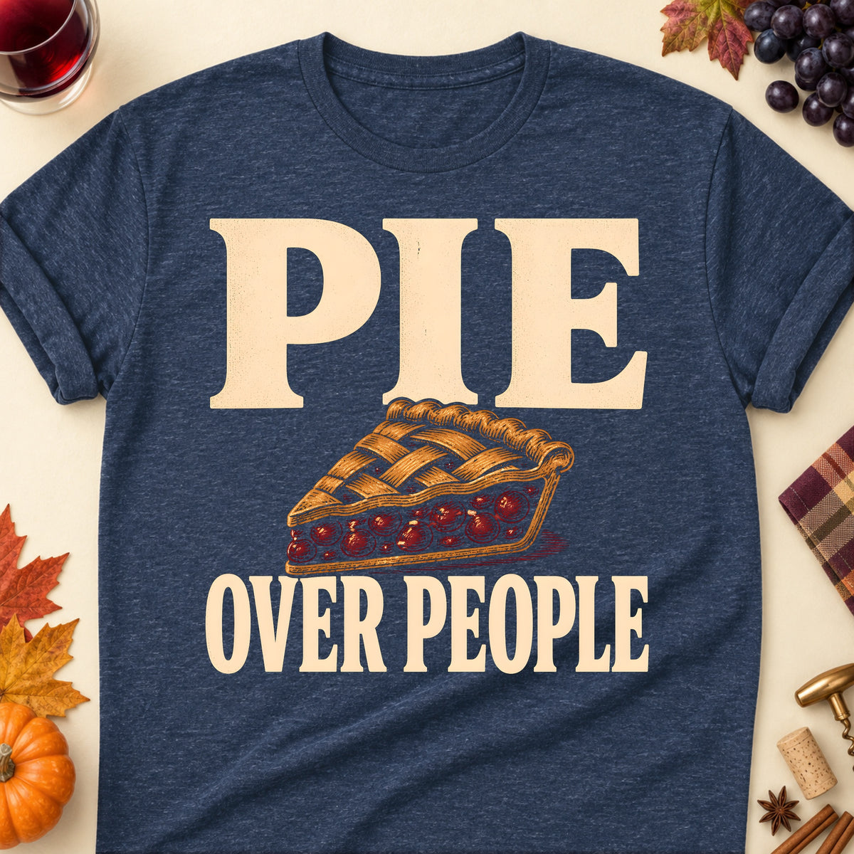 Pie Over People Fall Colored Print T-Shirt - Heather Navy - Brooke & Belle